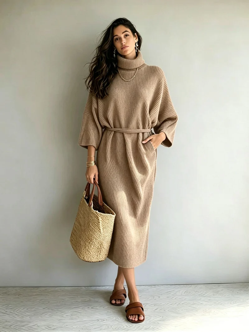 Damen Midilanges Rippenstrickkleid mit Rollkragen, Dreiviertelärmeln und Bindegürtel Nord Taschen
