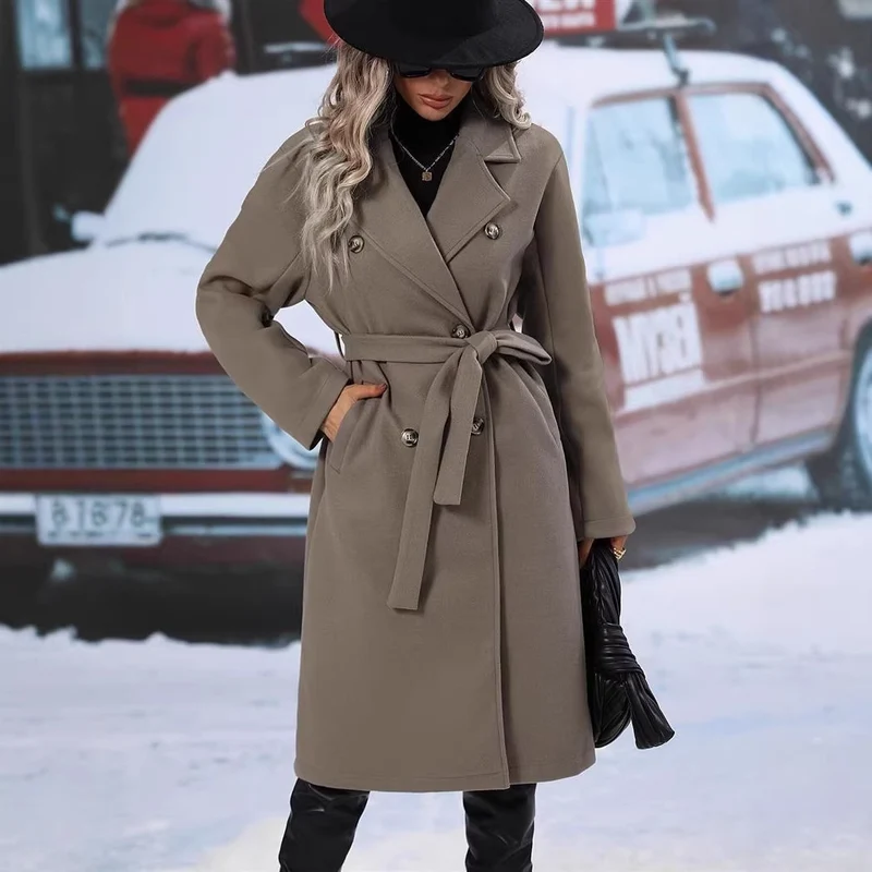 Damen Midilanger Taillen-Bindemantel im minimalistischen Trench-Stil mit betontem Revers Nord Taschen
