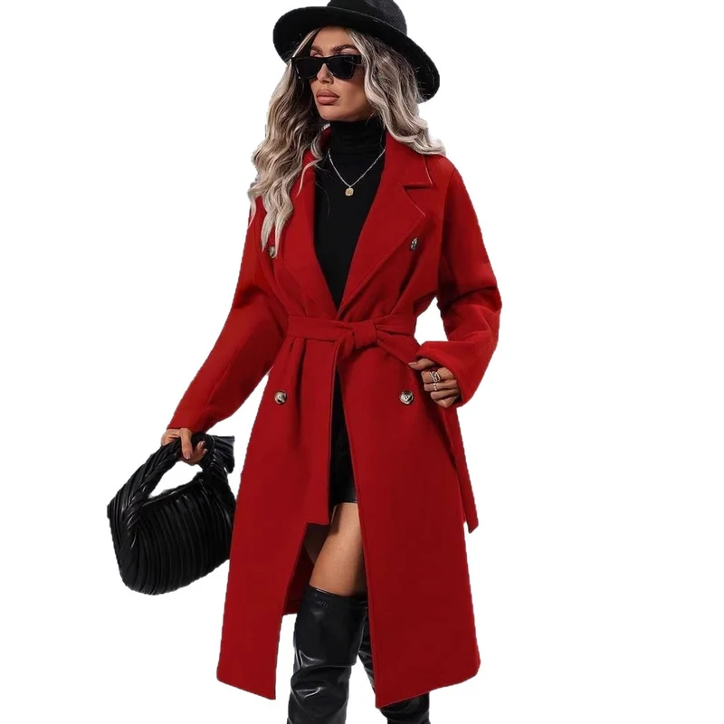 Damen Midilanger Taillen-Bindemantel im minimalistischen Trench-Stil mit betontem Revers Nord Taschen