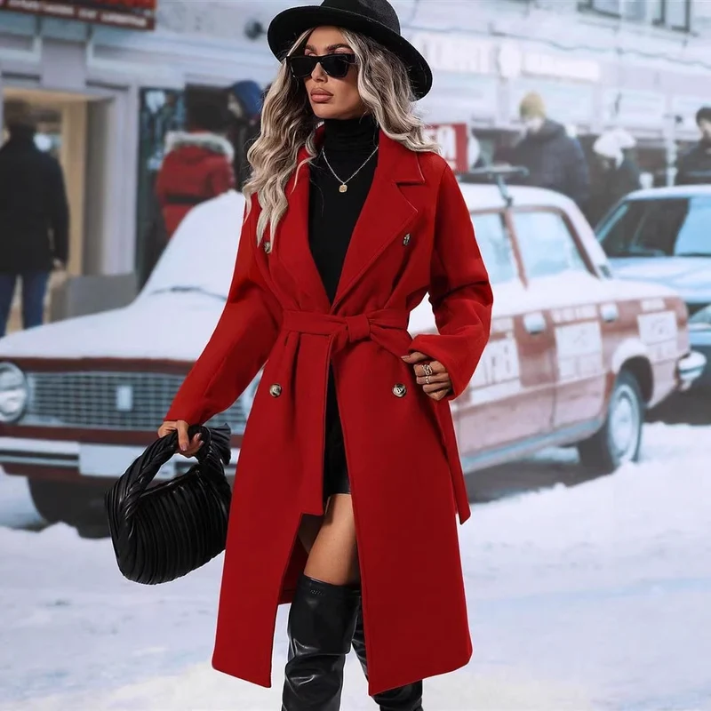 Damen Midilanger Taillen-Bindemantel im minimalistischen Trench-Stil mit betontem Revers Nord Taschen