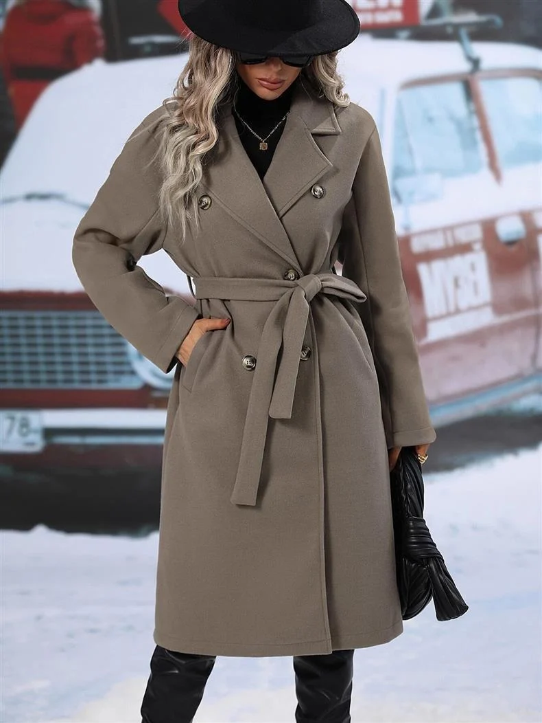 Damen Midilanger Taillen-Bindemantel im minimalistischen Trench-Stil mit betontem Revers Nord Taschen