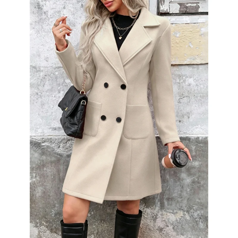 Damen Midilanger Doppelreihiger Wollmix-Mantel mit figurbetonter Taille und Pattentaschen Nord Taschen