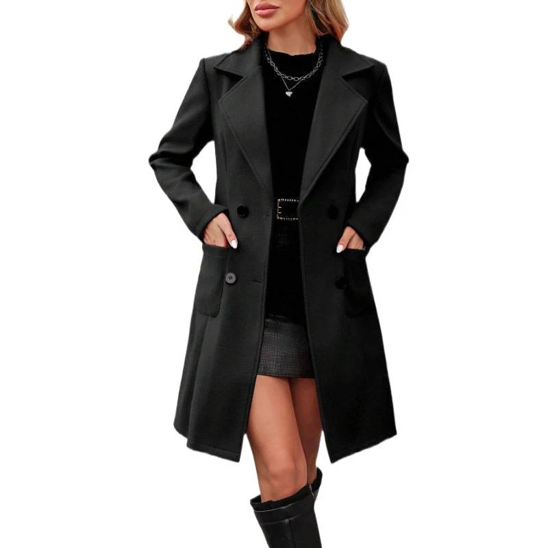 Damen Midilanger Doppelreihiger Wollmix-Mantel mit figurbetonter Taille und Pattentaschen Nord Taschen