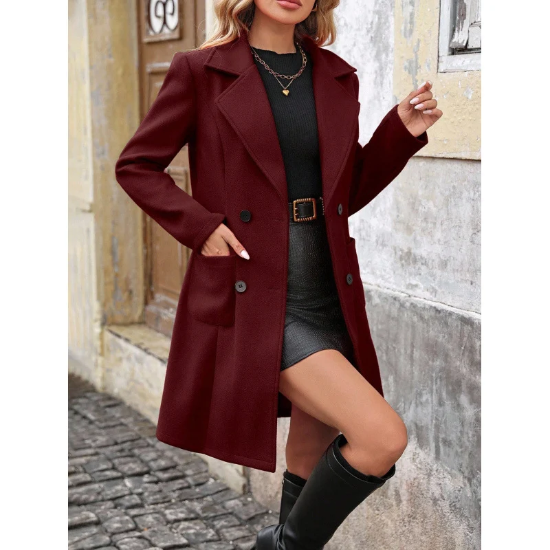 Damen Midilanger Doppelreihiger Wollmix-Mantel mit figurbetonter Taille und Pattentaschen Nord Taschen