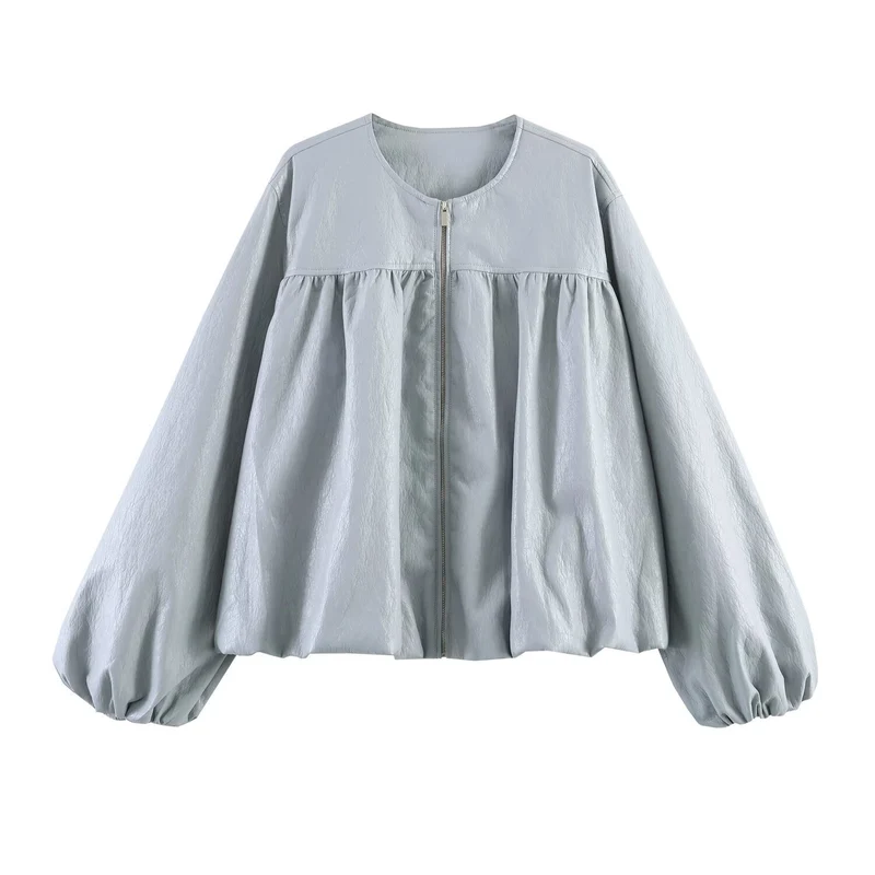Damen Oversize-Kunstlederjacke mit Rundhals, geraffter Passe und Ballonärmeln Nord Taschen