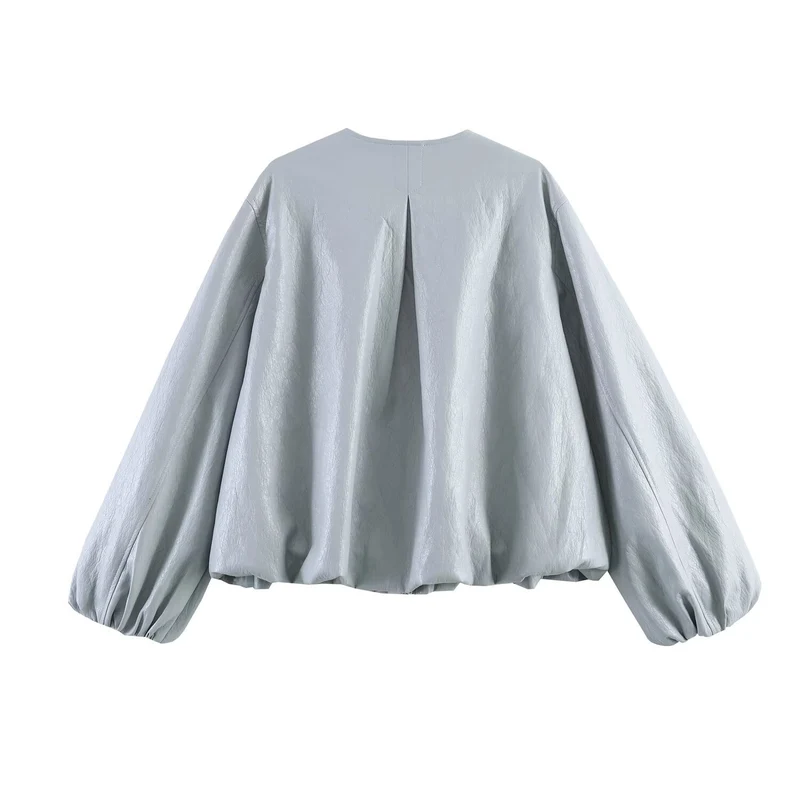 Damen Oversize-Kunstlederjacke mit Rundhals, geraffter Passe und Ballonärmeln Nord Taschen