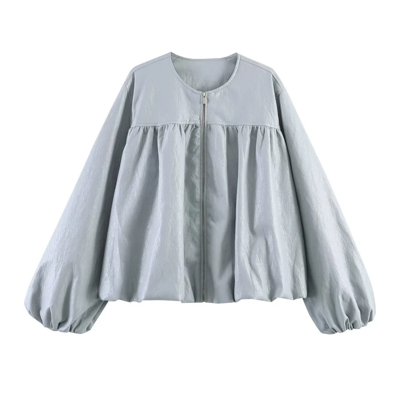Damen Oversize-Kunstlederjacke mit Rundhals, geraffter Passe und Ballonärmeln Nord Taschen