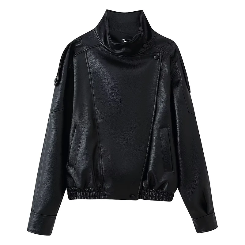 Damen Oversize Kunstlederjacke mit Hemdkragen und elastischem Saum Nord Taschen