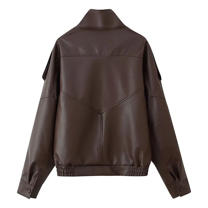 Damen Oversize Kunstlederjacke mit Hemdkragen und elastischem Saum Nord Taschen