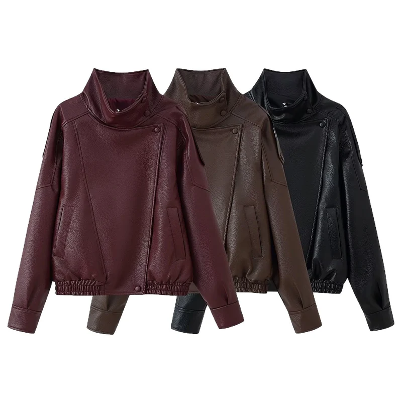 Damen Oversize Kunstlederjacke mit Hemdkragen und elastischem Saum Nord Taschen