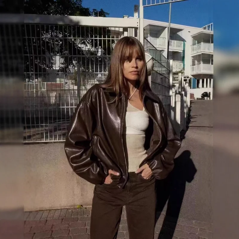 Damen Oversize Kunstleder Blouson mit Reißverschluss und elastischem Saum Nord Taschen