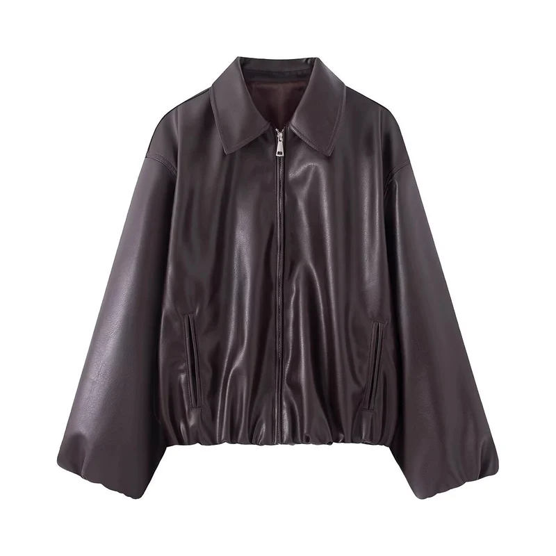 Damen Oversize Kunstleder Blouson mit Reißverschluss und elastischem Saum Nord Taschen