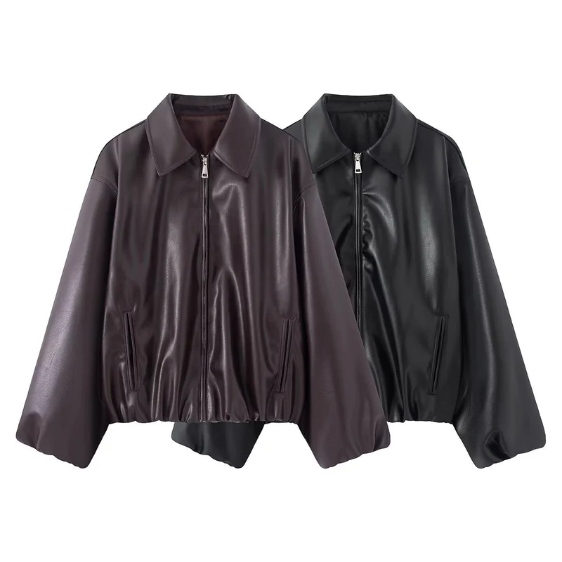 Damen Oversize Kunstleder Blouson mit Reißverschluss und elastischem Saum Nord Taschen