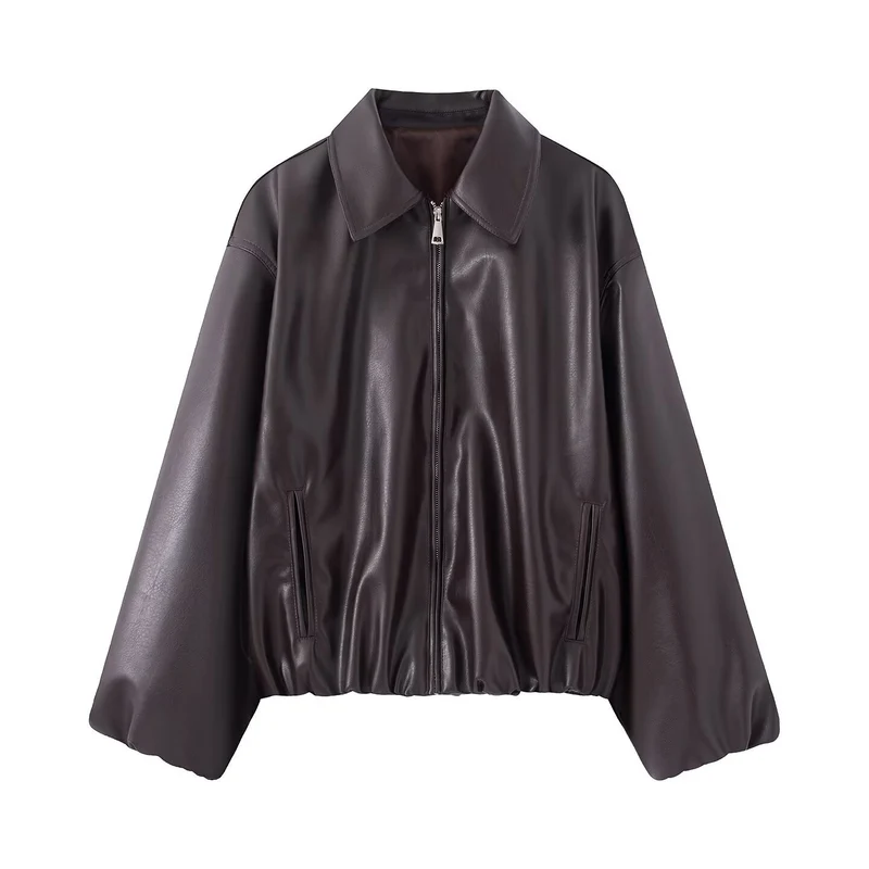 Damen Oversize Kunstleder Blouson mit Reißverschluss und elastischem Saum Nord Taschen