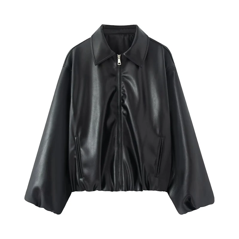 Damen Oversize Kunstleder Blouson mit Reißverschluss und elastischem Saum Nord Taschen