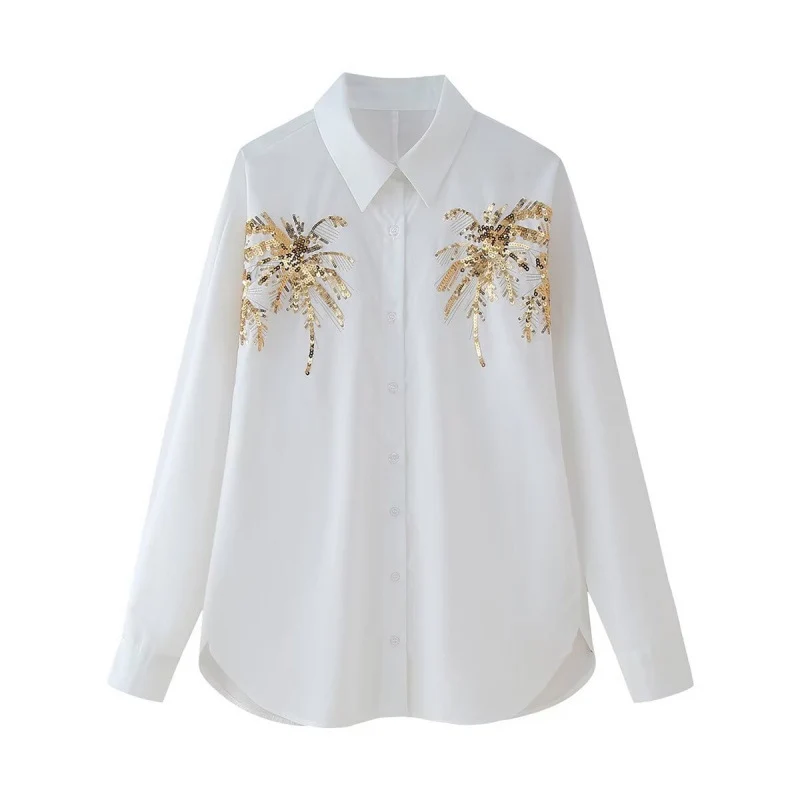 Damen Oversize-Hemdbluse mit Palm-Motiv aus goldenen Pailletten Nord Taschen