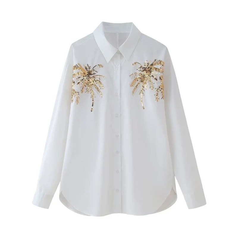 Damen Oversize-Hemdbluse mit Palm-Motiv aus goldenen Pailletten Nord Taschen