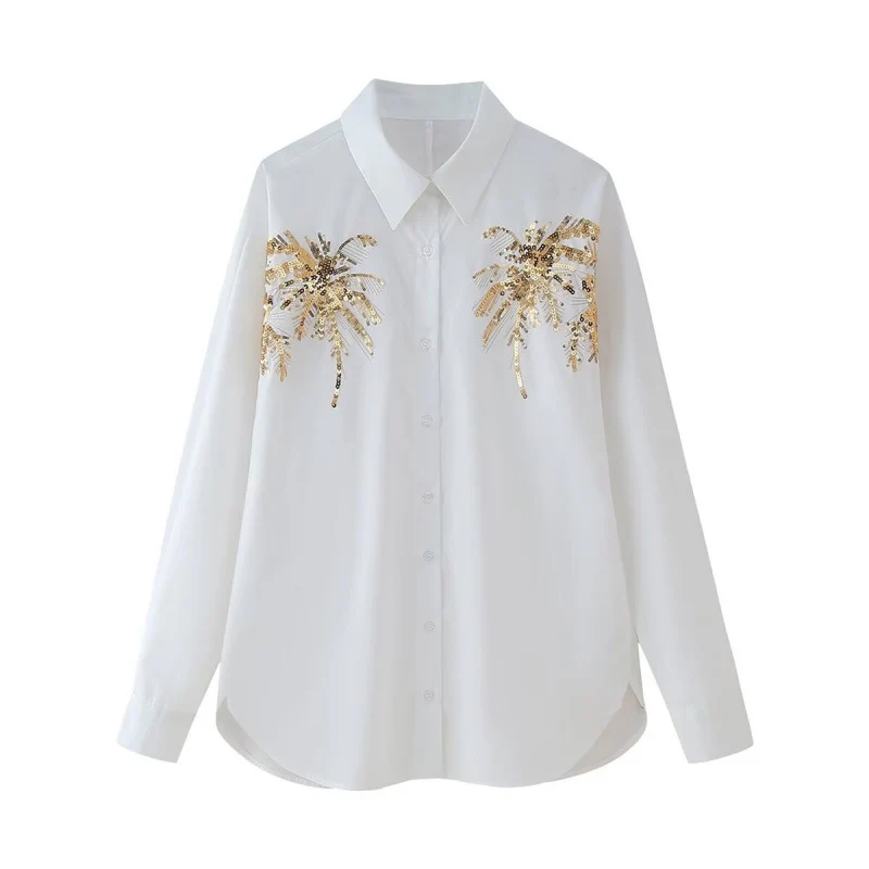 Damen Oversize-Hemdbluse mit Palm-Motiv aus goldenen Pailletten Nord Taschen
