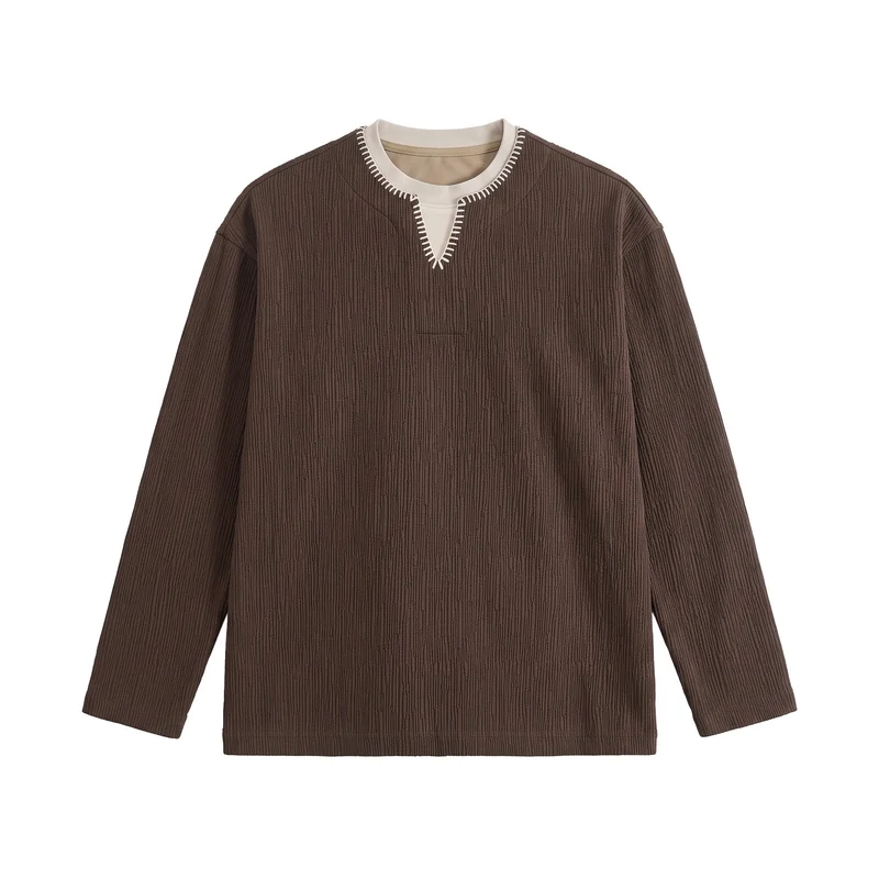Herren Texturierter Sweatshirt-Pullover mit Lagenkragen und dekorativer Ziernaht Nord Taschen