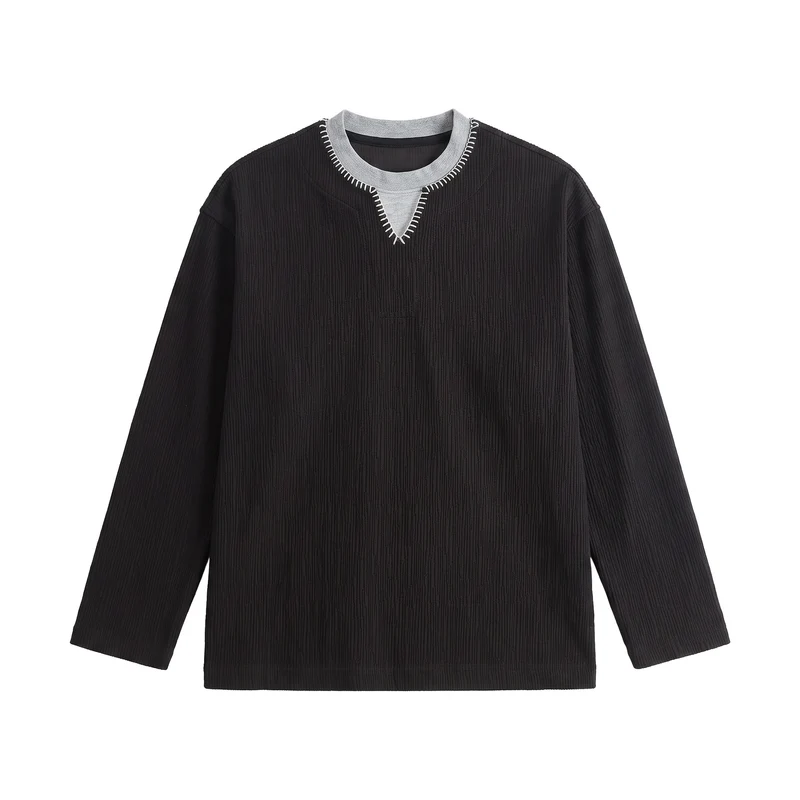 Herren Texturierter Sweatshirt-Pullover mit Lagenkragen und dekorativer Ziernaht Nord Taschen