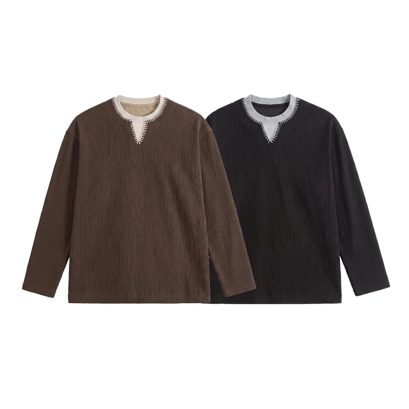Herren Texturierter Sweatshirt-Pullover mit Lagenkragen und dekorativer Ziernaht Nord Taschen