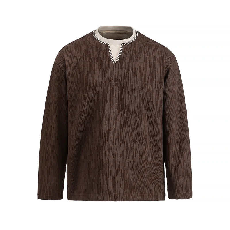 Herren Texturierter Sweatshirt-Pullover mit Lagenkragen und dekorativer Ziernaht Nord Taschen