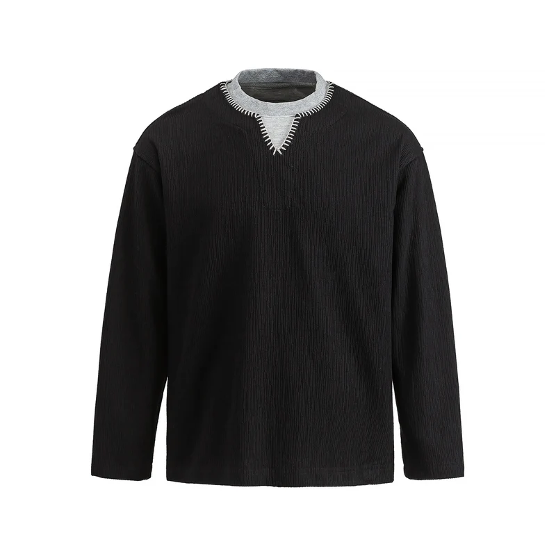 Herren Texturierter Sweatshirt-Pullover mit Lagenkragen und dekorativer Ziernaht Nord Taschen