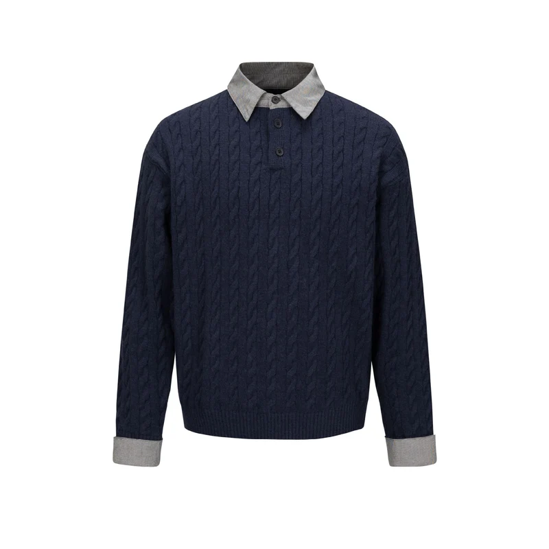 Herren Strukturierter Strickpullover mit integriertem Hemdkragen und Dreiknopf‑Leiste Nord Taschen