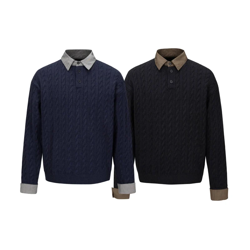 Herren Strukturierter Strickpullover mit integriertem Hemdkragen und Dreiknopf‑Leiste Nord Taschen