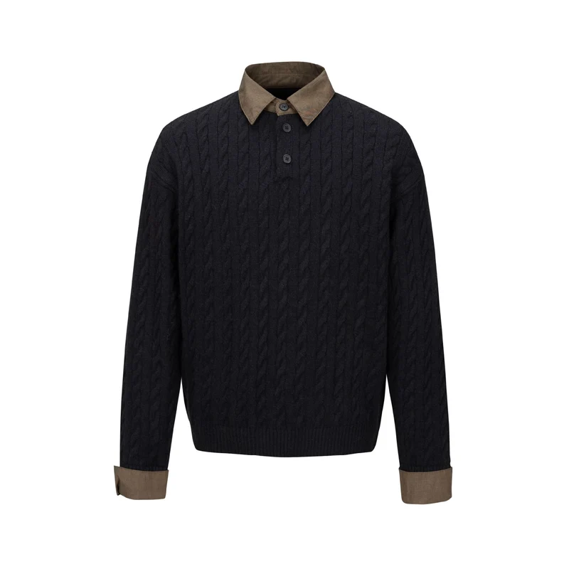 Herren Strukturierter Strickpullover mit integriertem Hemdkragen und Dreiknopf‑Leiste Nord Taschen
