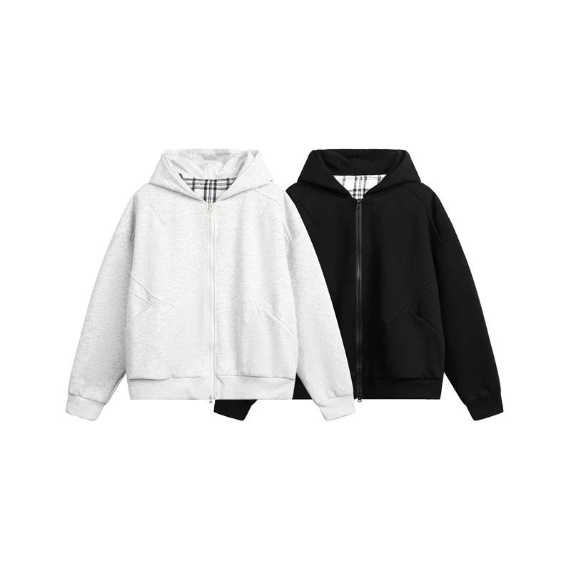 Unisex Kapuzen‑Sweatjacke mit Zweiwege‑Reißverschluss und kariertem Kapuzenfutter Nord Taschen