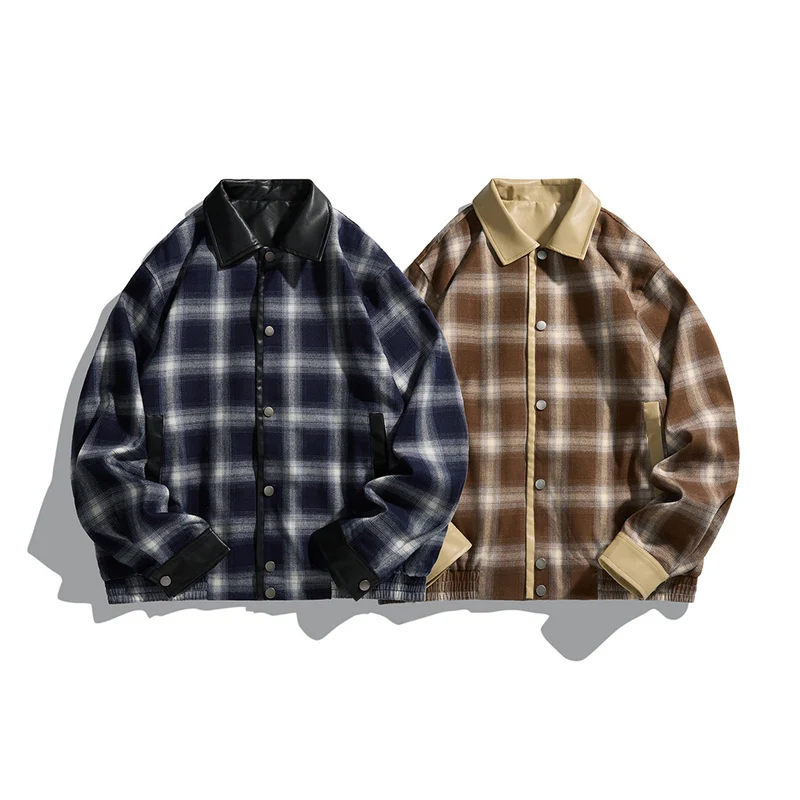 Herren Karierte Overshirt‑Jacke aus Flanell mit Kunstleder‑Details und Druckknopfleiste Nord Taschen