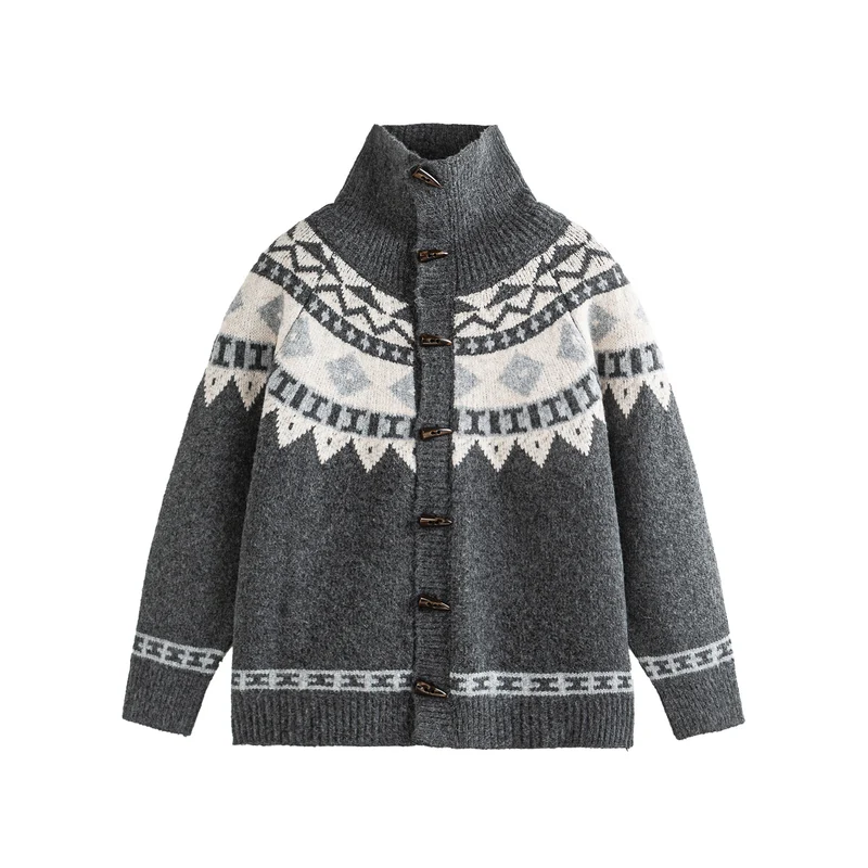Damen Norwegermuster Strickcardigan mit hohem Stehkragen und Knebelverschlüssen Nord Taschen