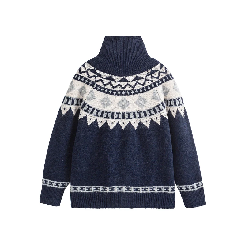 Damen Norwegermuster Strickcardigan mit hohem Stehkragen und Knebelverschlüssen Nord Taschen