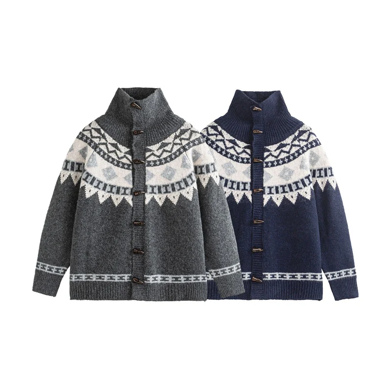 Damen Norwegermuster Strickcardigan mit hohem Stehkragen und Knebelverschlüssen Nord Taschen