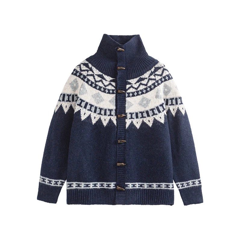 Damen Norwegermuster Strickcardigan mit hohem Stehkragen und Knebelverschlüssen Nord Taschen