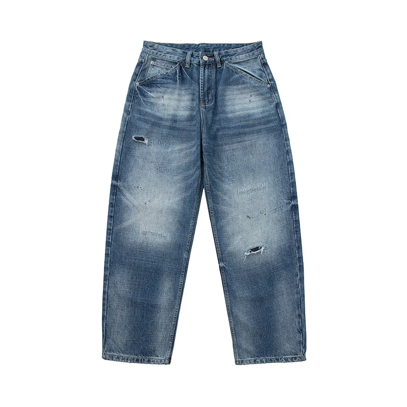 Damen locker geschnittene hochtaillierte Jeans im Used-Look mit ausgefransten Details und Ziernähten Nord Taschen