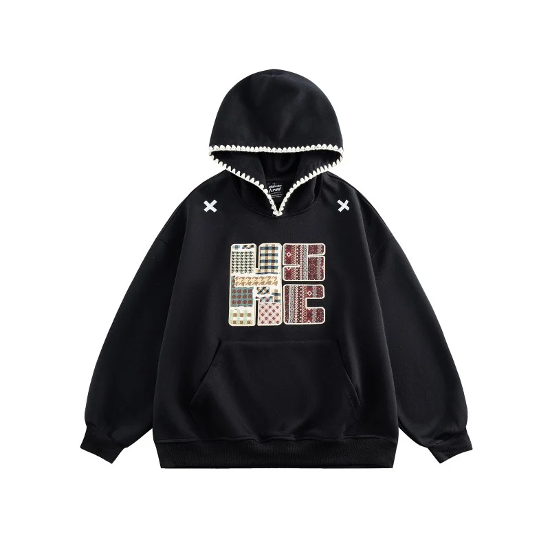 Unisex Weit geschnittener Kapuzenpullover mit Patchwork-Applikation und Kängurutasche Nord Taschen