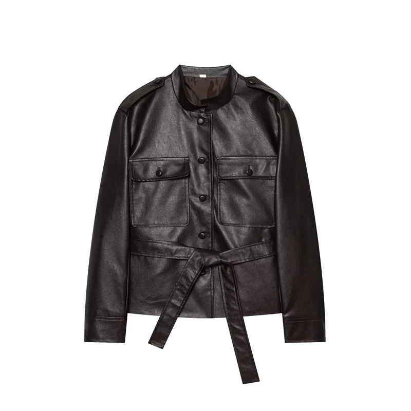 Damen Taillierter Kunstleder-Safari-Blouson mit Bindegürtel und Pattentaschen Nord Taschen