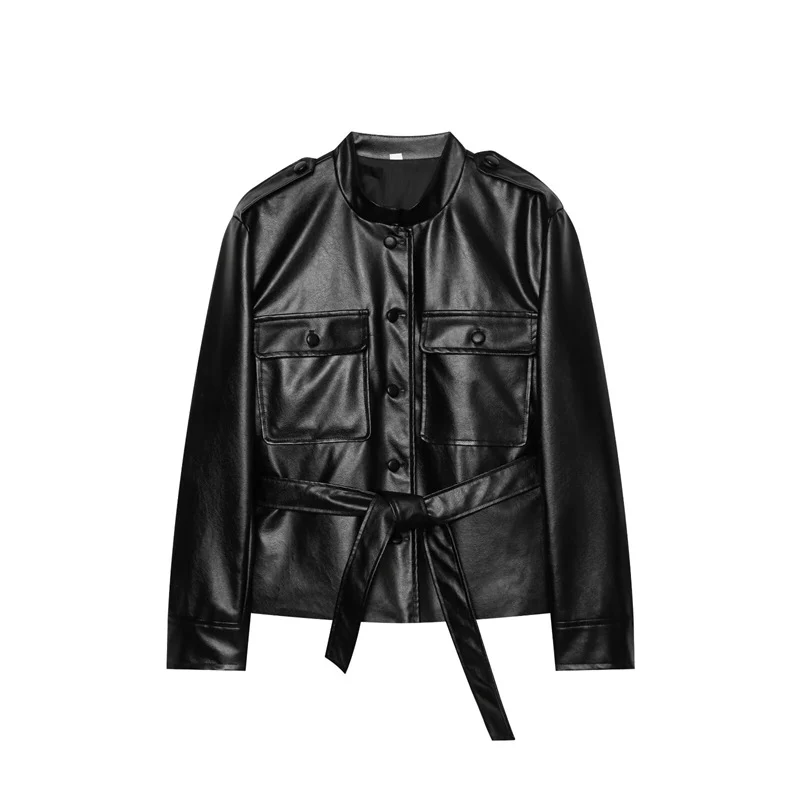 Damen Taillierter Kunstleder-Safari-Blouson mit Bindegürtel und Pattentaschen Nord Taschen