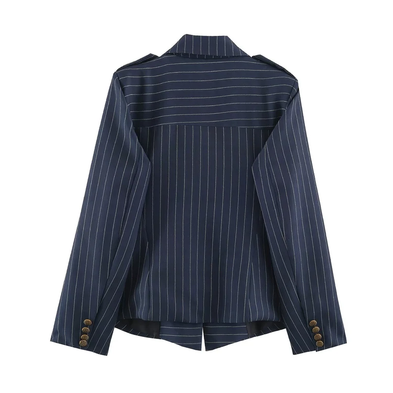Damen taillierter Doppelreiher-Nadelstreifenblazer mit Schulterklappen Nord Taschen