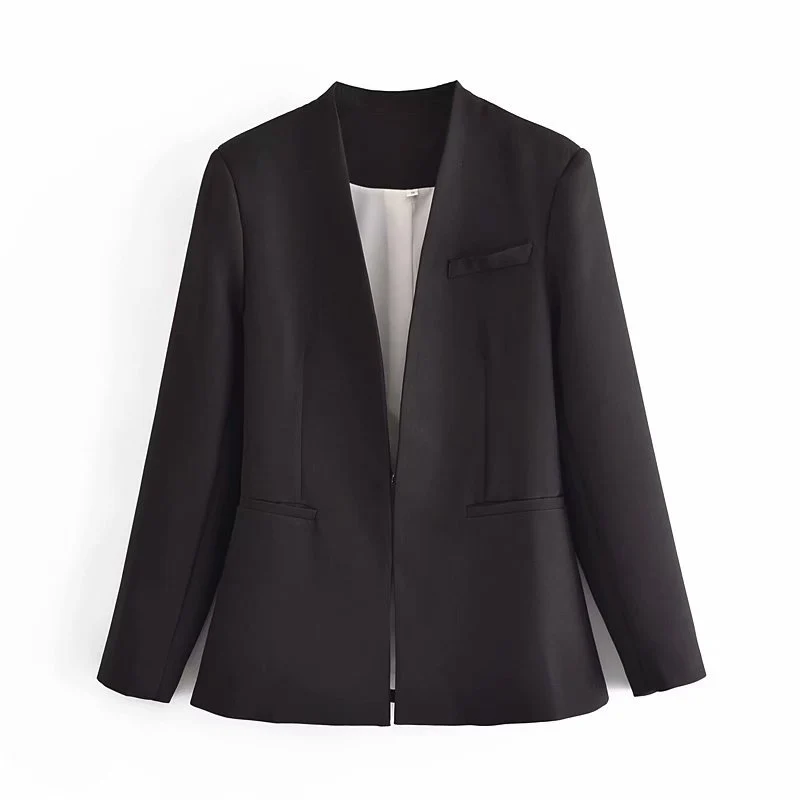 Damen Taillierter Blazer ohne Revers mit offener Front und Paspeltaschen Nord Taschen