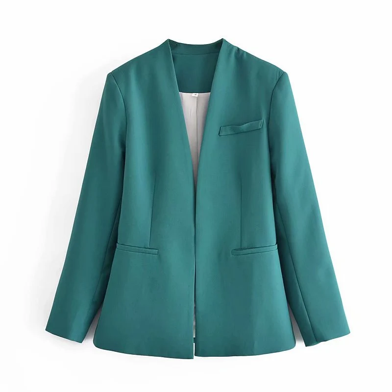 Damen Taillierter Blazer ohne Revers mit offener Front und Paspeltaschen Nord Taschen