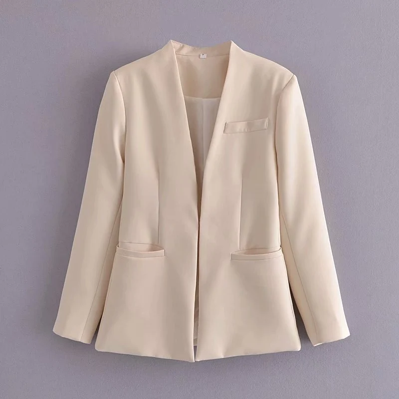 Damen Taillierter Blazer ohne Revers mit offener Front und Paspeltaschen Nord Taschen