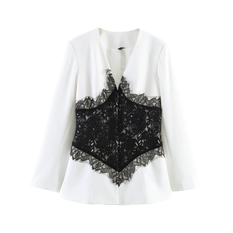Damen Taillierter Blazer mit V-Ausschnitt und kontrastierender Spitze Nord Taschen