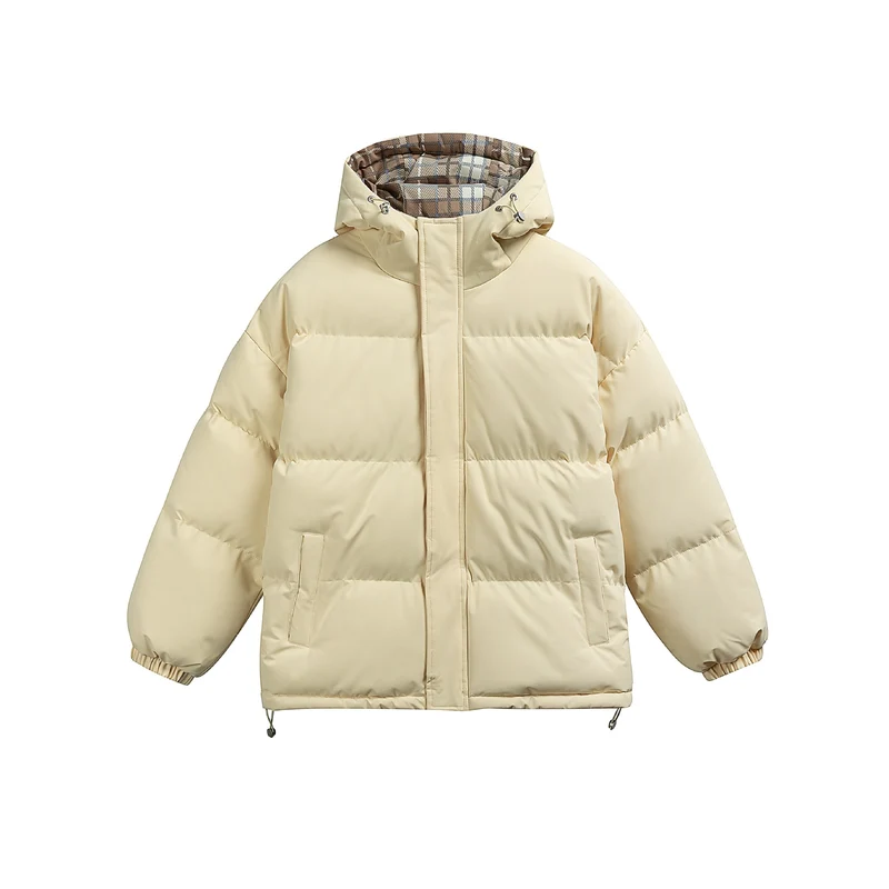 Damen Wattierte Oversize-Steppjacke mit Kapuze, hohem Kragen und karierter Futterverzahnung Nord Taschen