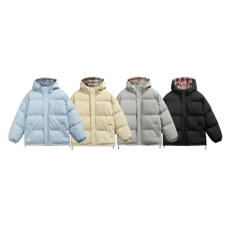 Damen Wattierte Oversize-Steppjacke mit Kapuze, hohem Kragen und karierter Futterverzahnung Nord Taschen