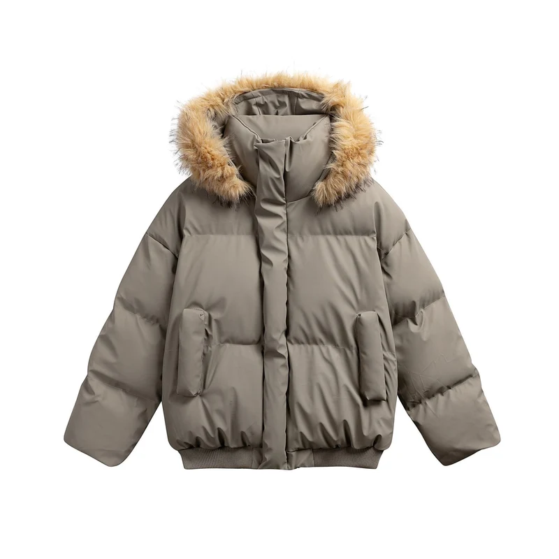 Damen Wattierte Kurzsteppjacke mit Kunstfellkapuze und geripptem Saum Nord Taschen