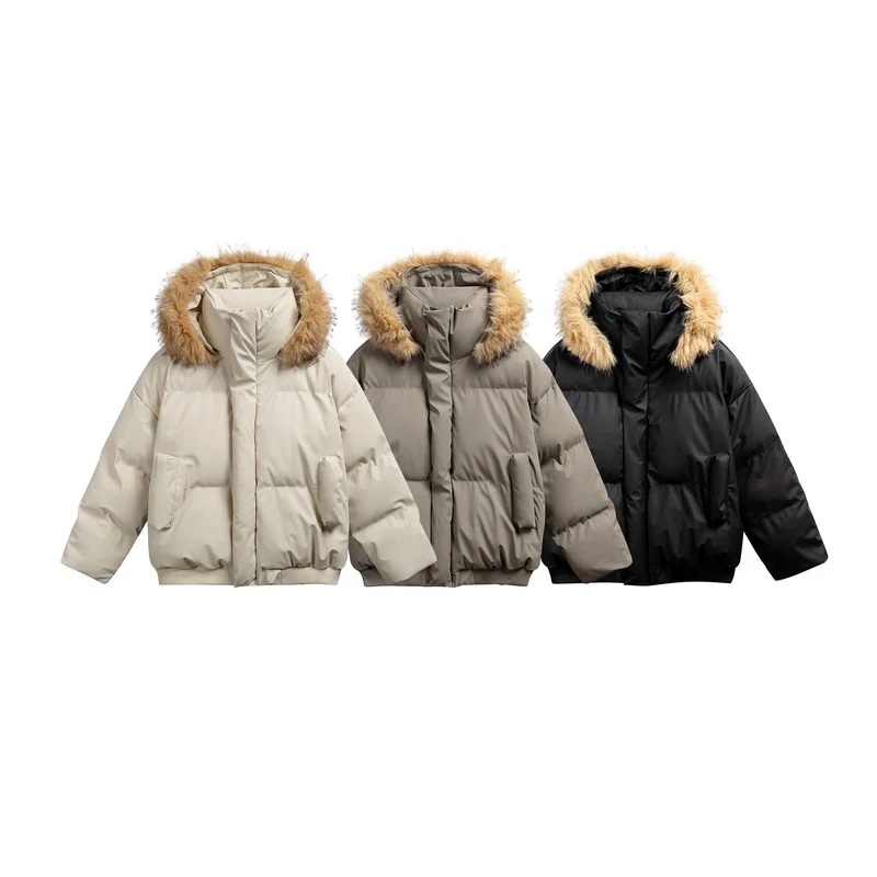 Damen Wattierte Kurzsteppjacke mit Kunstfellkapuze und geripptem Saum Nord Taschen