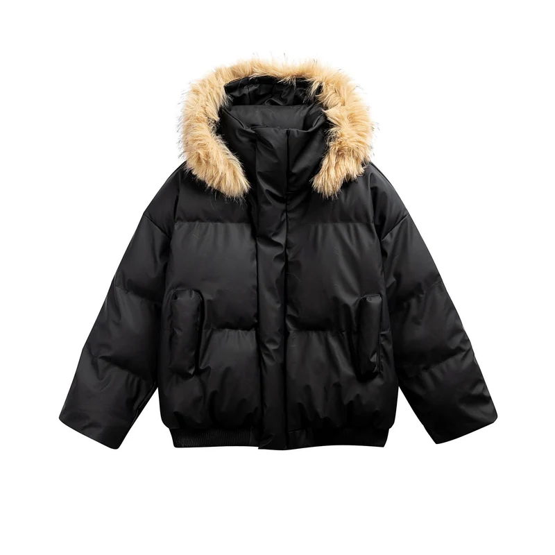 Damen Wattierte Kurzsteppjacke mit Kunstfellkapuze und geripptem Saum Nord Taschen